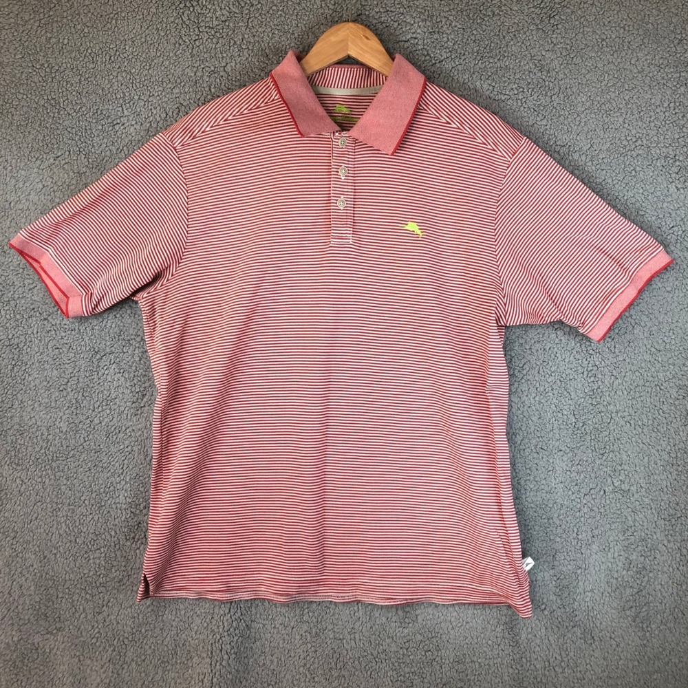Tommy Bahama Mens Large Red White Striped Short Sleeve Marlin Polo Shirt - Picture 1 of 12